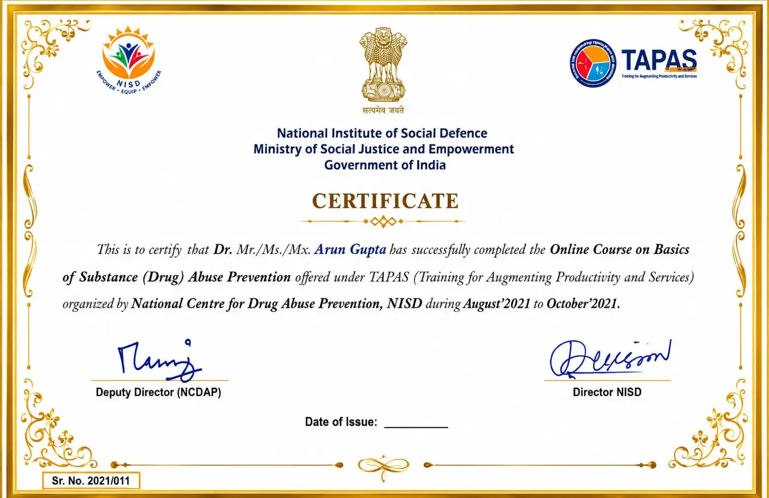 NISD Ministry of Social Justice Addiction Prevention Training Certificate - Jeewan Disha Foundation